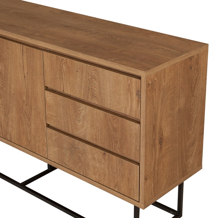 Hanah Home Consola Moderna-Industrial Nogal y Negro, Mueble con 3 Cajones y Estantes, Tablero Melamina 18mm, Patas Metálicas, Ancho 140cm Alto 72cm Fondo 36cm